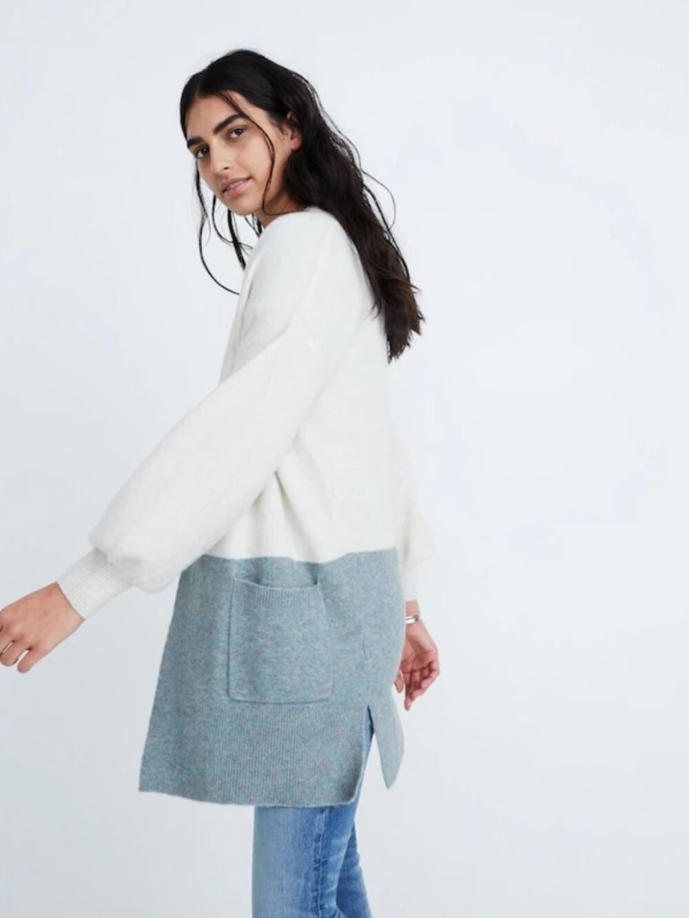 Madewell Edgewater Bubble-Sleeve Cardigan Sweater in Colorblock
